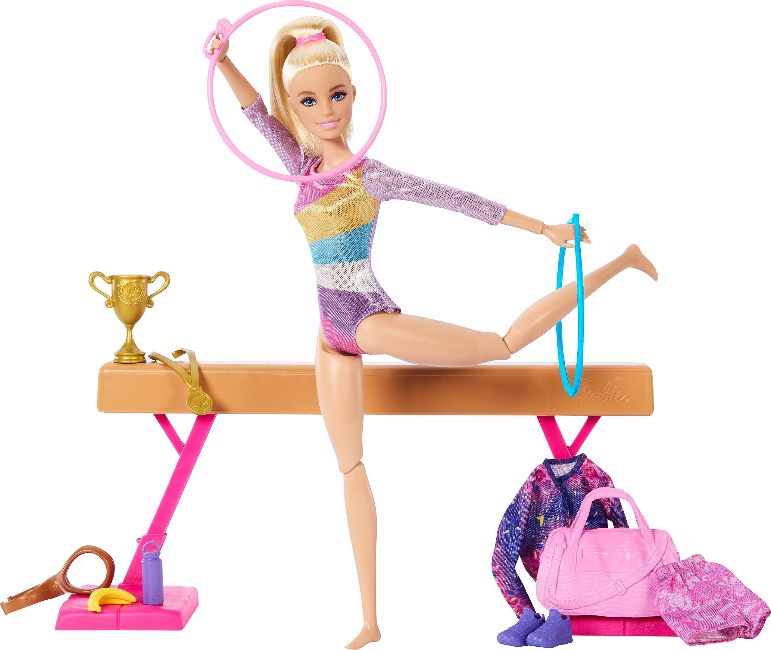 Barbie gymnastics doll with flip action using the C-clip for dynamic routines.