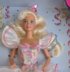 Barbie Happy Birthday Doll outfit close up showing earrings and hair bow for dress up play