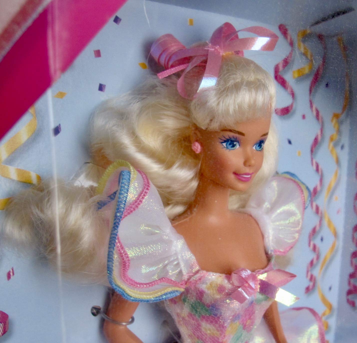 Barbie Happy Birthday Doll packaging and accessories including brush and cutout card for display and gifting
