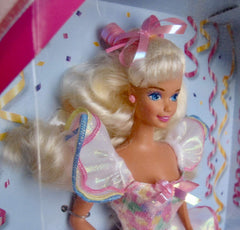 Barbie Happy Birthday Doll packaging and accessories including brush and cutout card for display and gifting