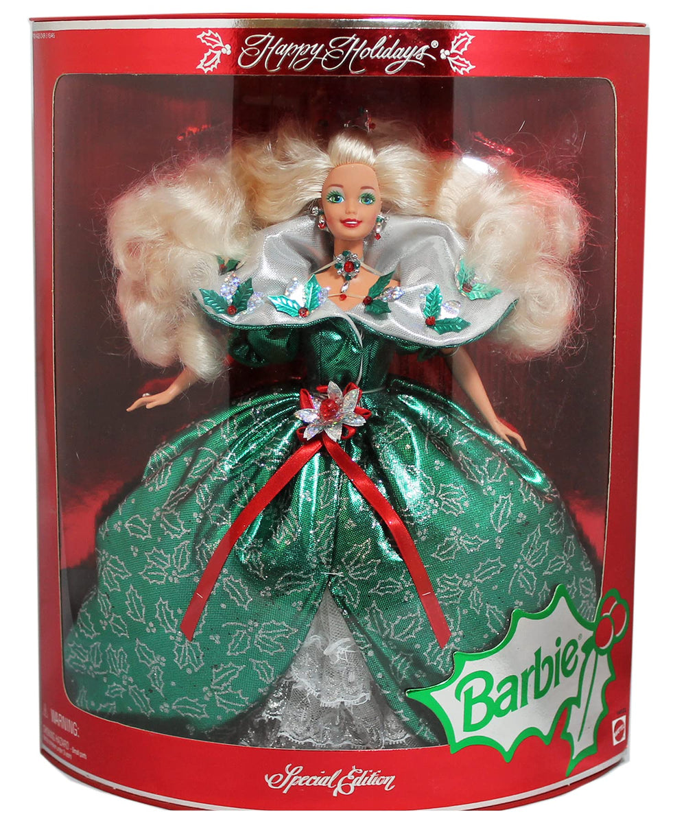Barbie Happy Holidays doll in festive green holly dress, perfect for holiday display.