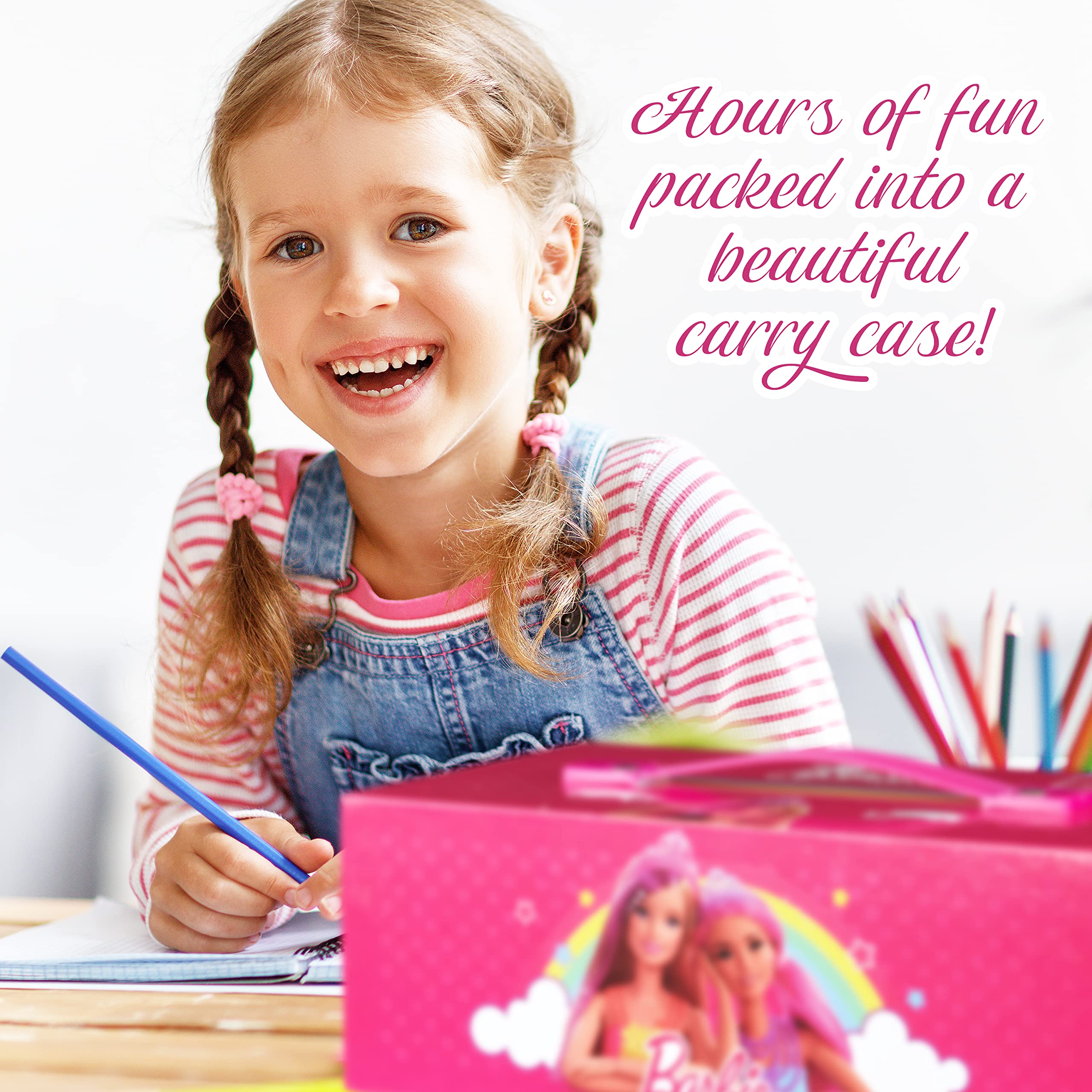 Barbie HB pencil and eight-colour pencils for precise drawing.