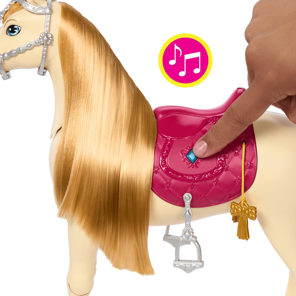 Barbie head pet prompts eye blinking and neigh, fostering nurturing moments.