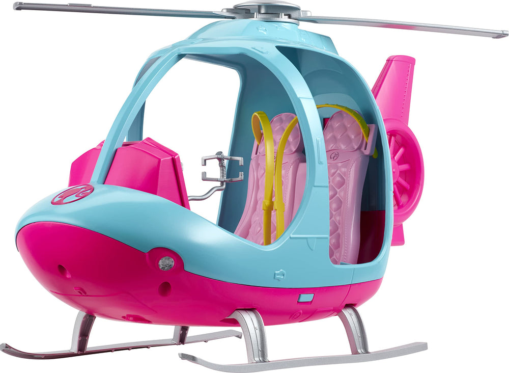 Barbie Helicopter in bright pink and blue inspires imaginative play adventures.