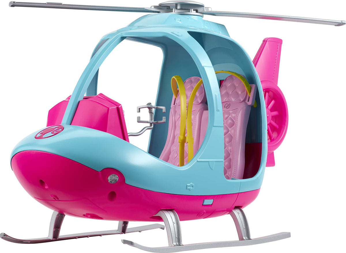 Barbie Helicopter in bright pink and blue inspires imaginative play adventures.