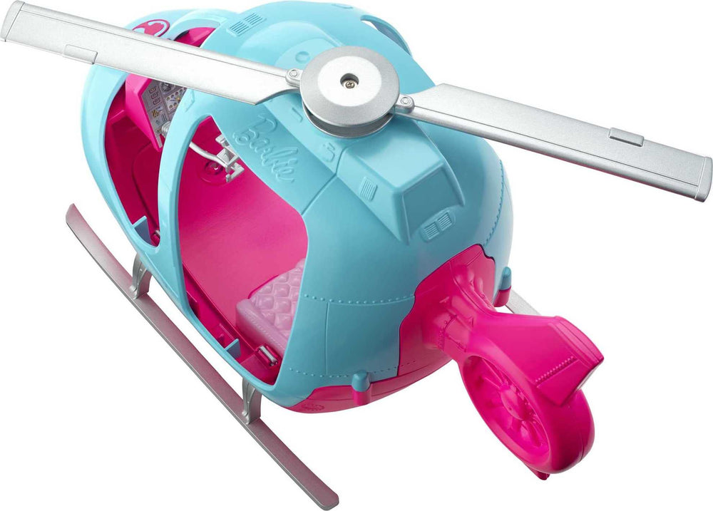 Barbie helicopter seat belts keep passengers secure during play.