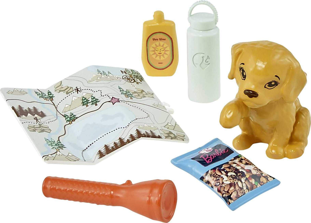 Barbie hiking doll with map and camera for imaginative nature storytelling.