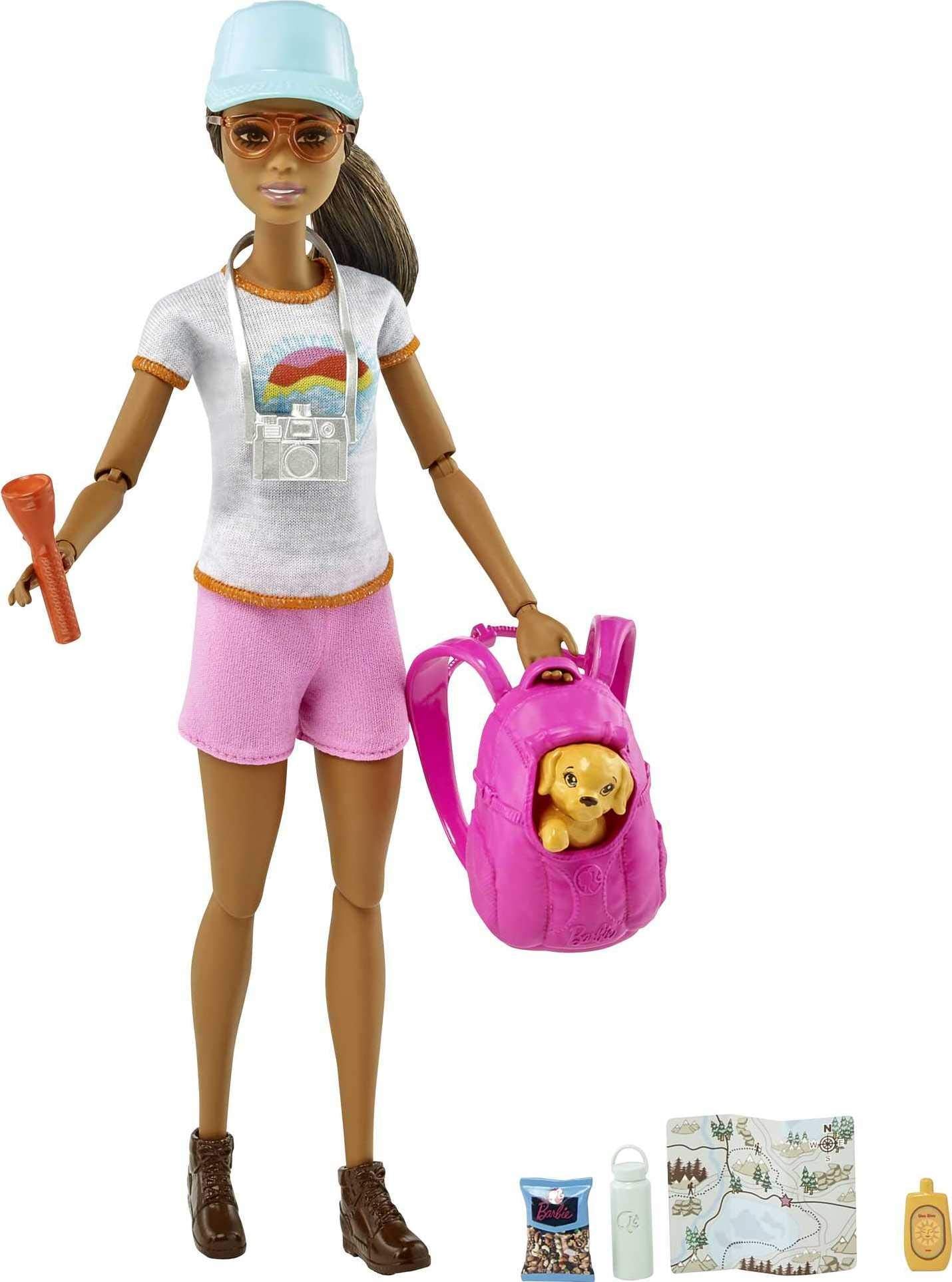 Barbie hiking doll with brunette hair and puppy ready for outdoor play adventure.