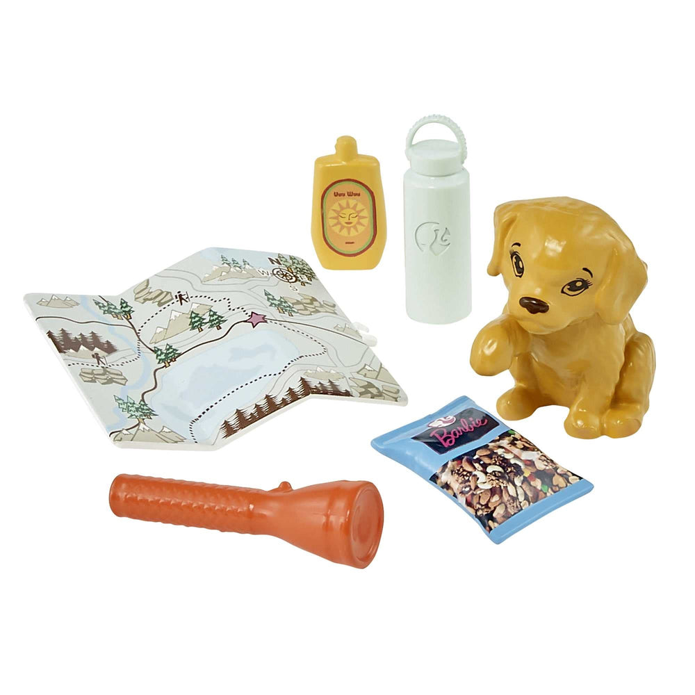 Barbie hiking doll with water bottle and suntan lotion for on trail care.