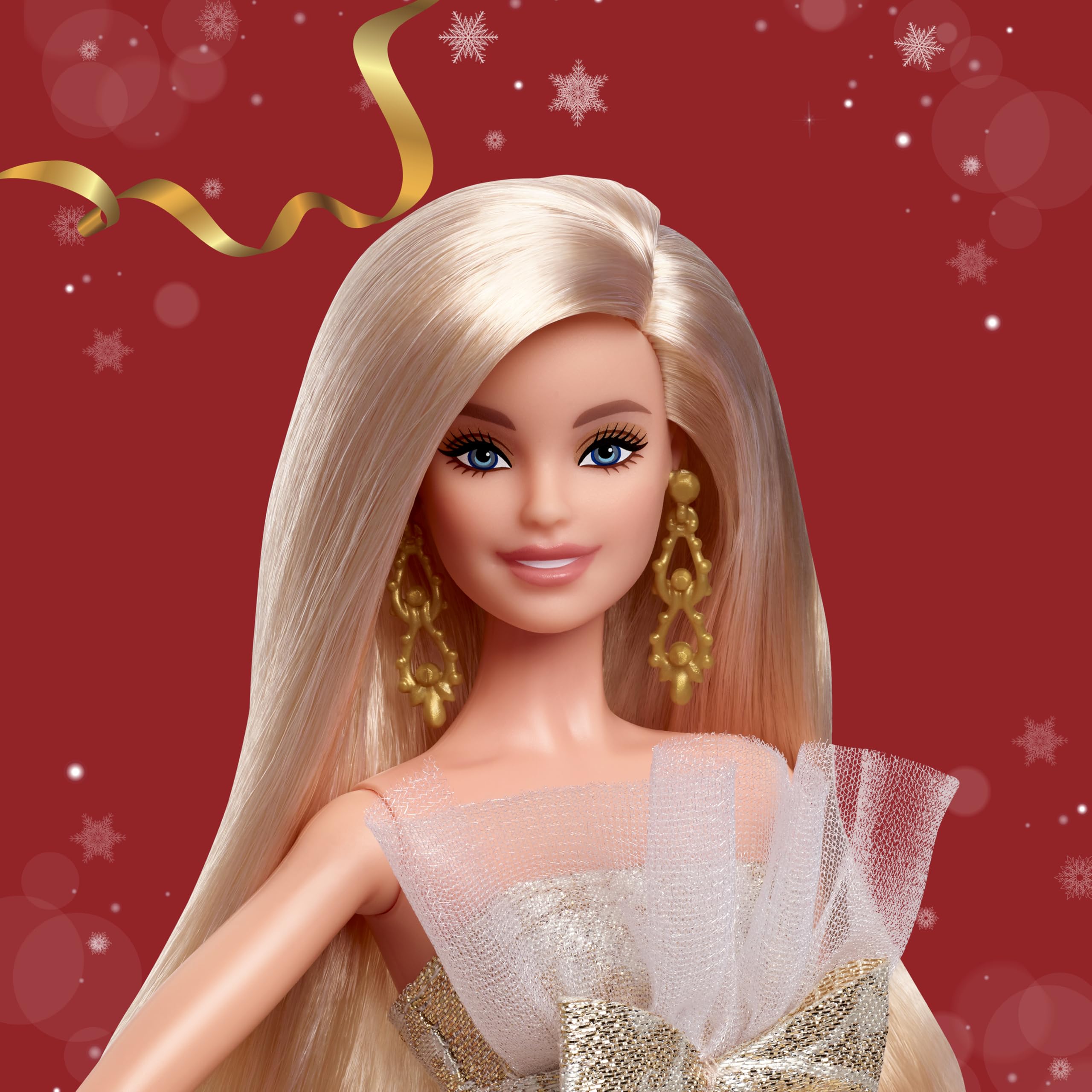 Barbie Holiday Barbie gold drop earrings add sparkle for imaginative play.
