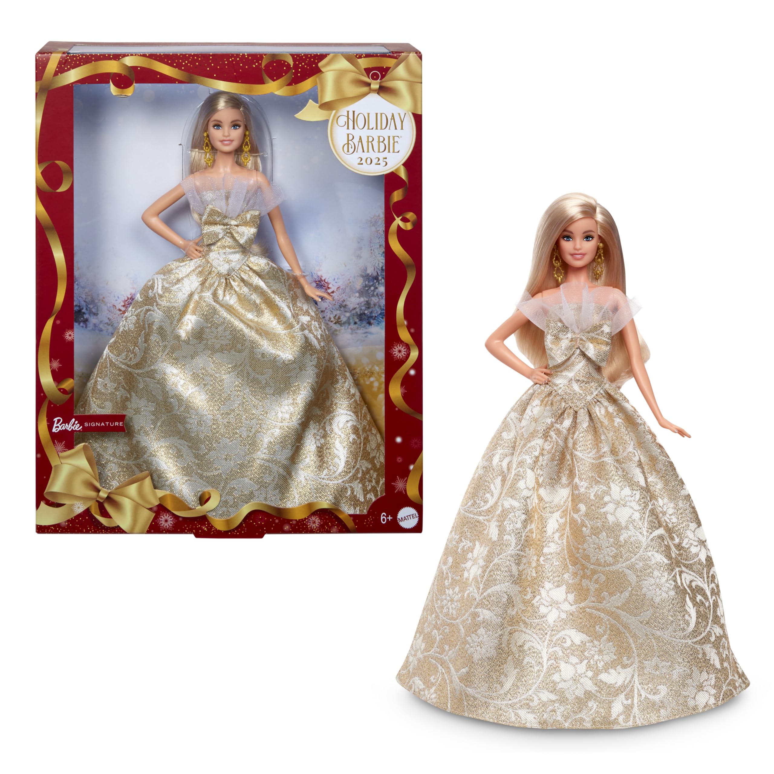 Barbie Holiday Barbie gold-silver dress showcases festive play styling.