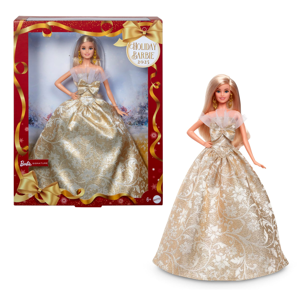 Barbie Holiday Barbie gold-silver dress showcases festive play styling.