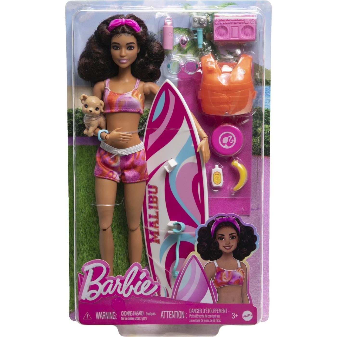 Barbie HPL69 Surf Doll with brown surfboard sparks seaside imaginative play.