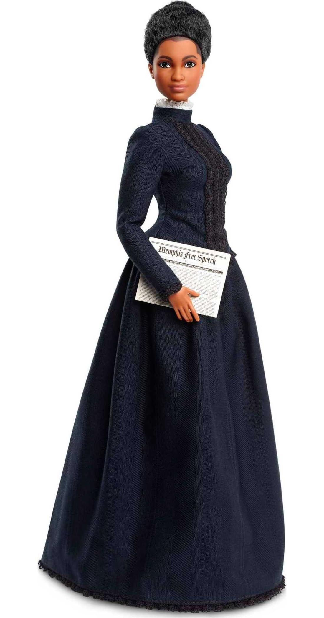 Barbie Ida B. Wells doll in blue lace dress for display and collection.