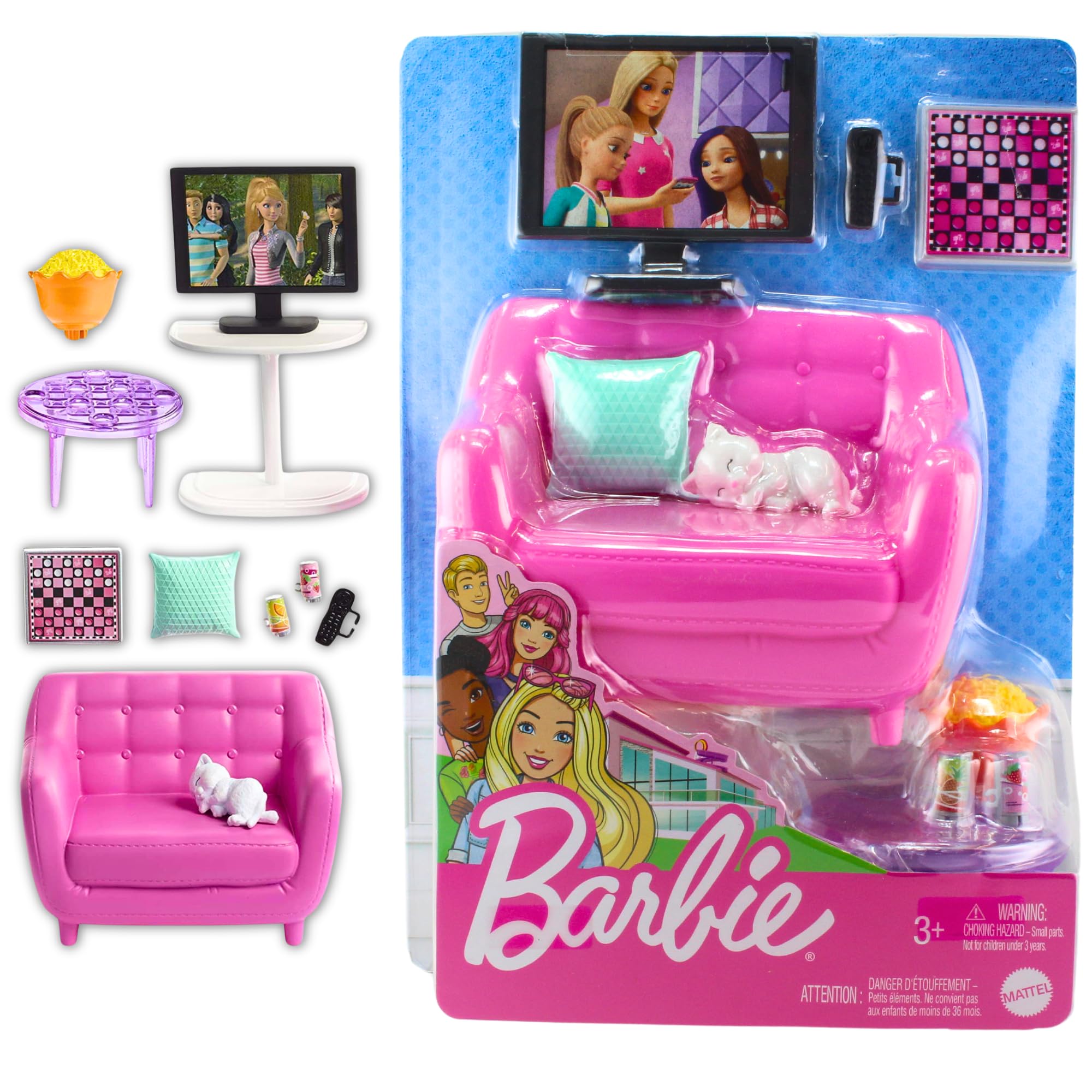 Barbie indoor living room with kitten enhances imaginative play.