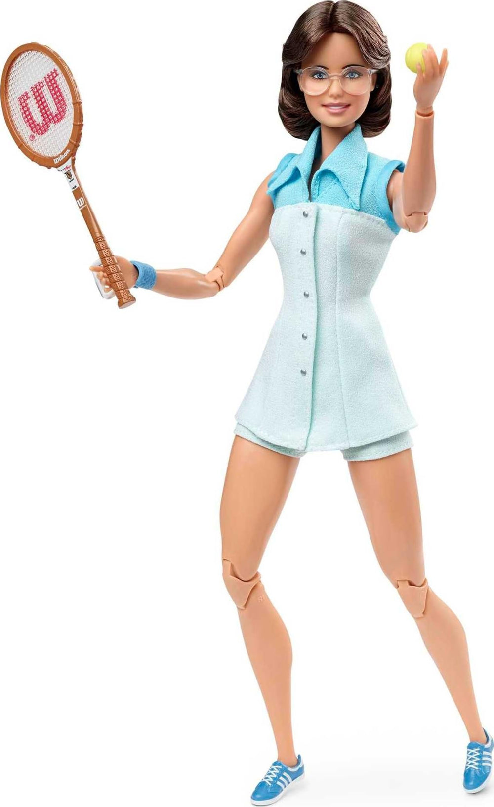 Barbie Inspiring Women Billie Jean King doll in tennis dress front view for collectible display