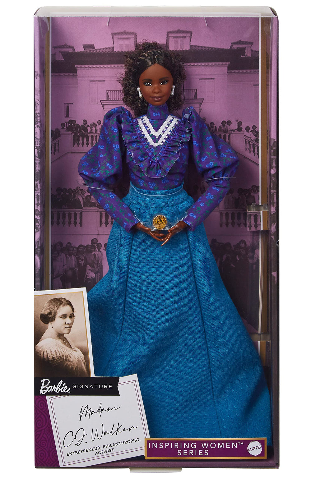 Barbie Inspiring Women doll stand and certificate of authenticity support secure display.