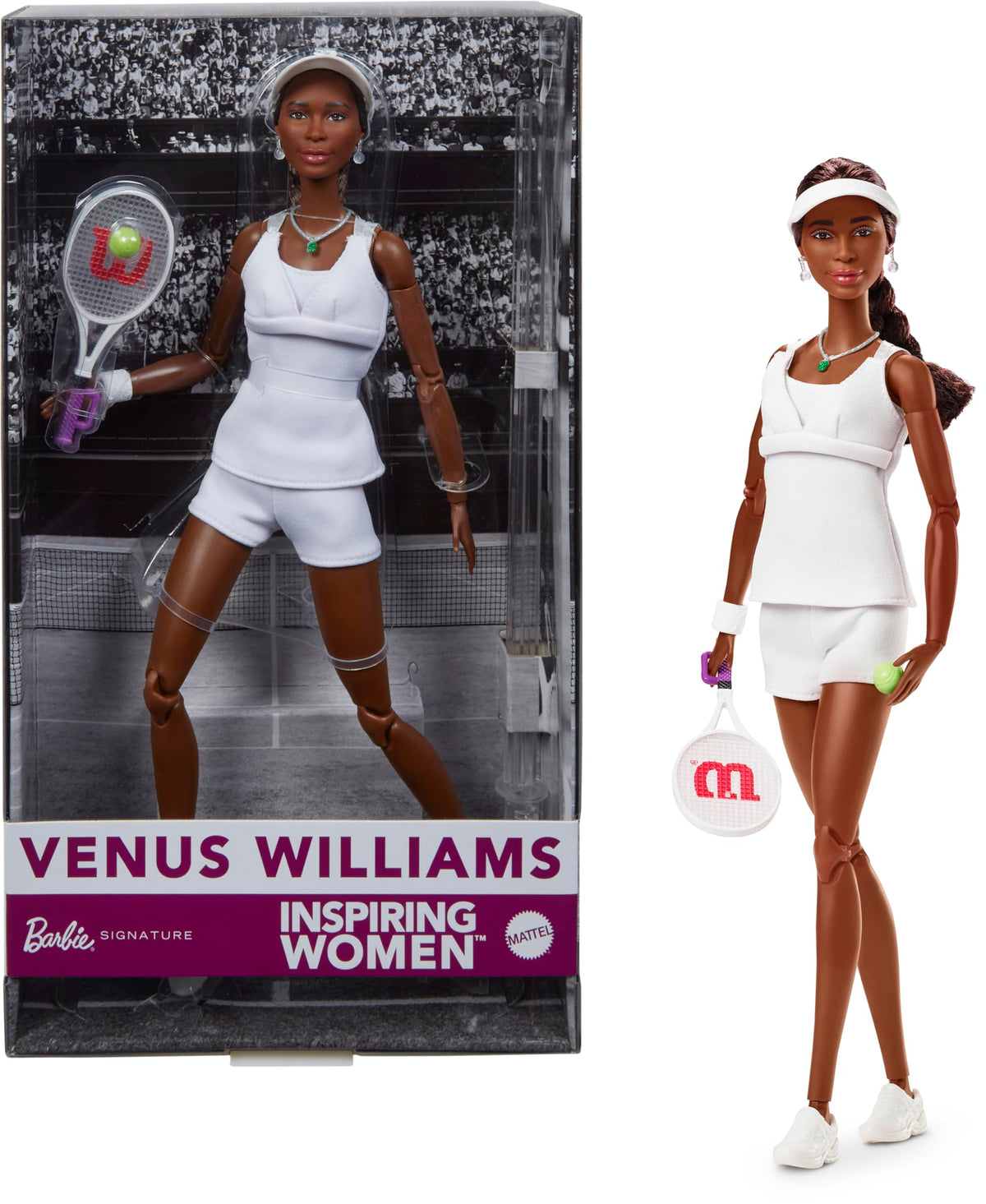 Barbie Venus Williams doll in 2007 tennis uniform ready for display.