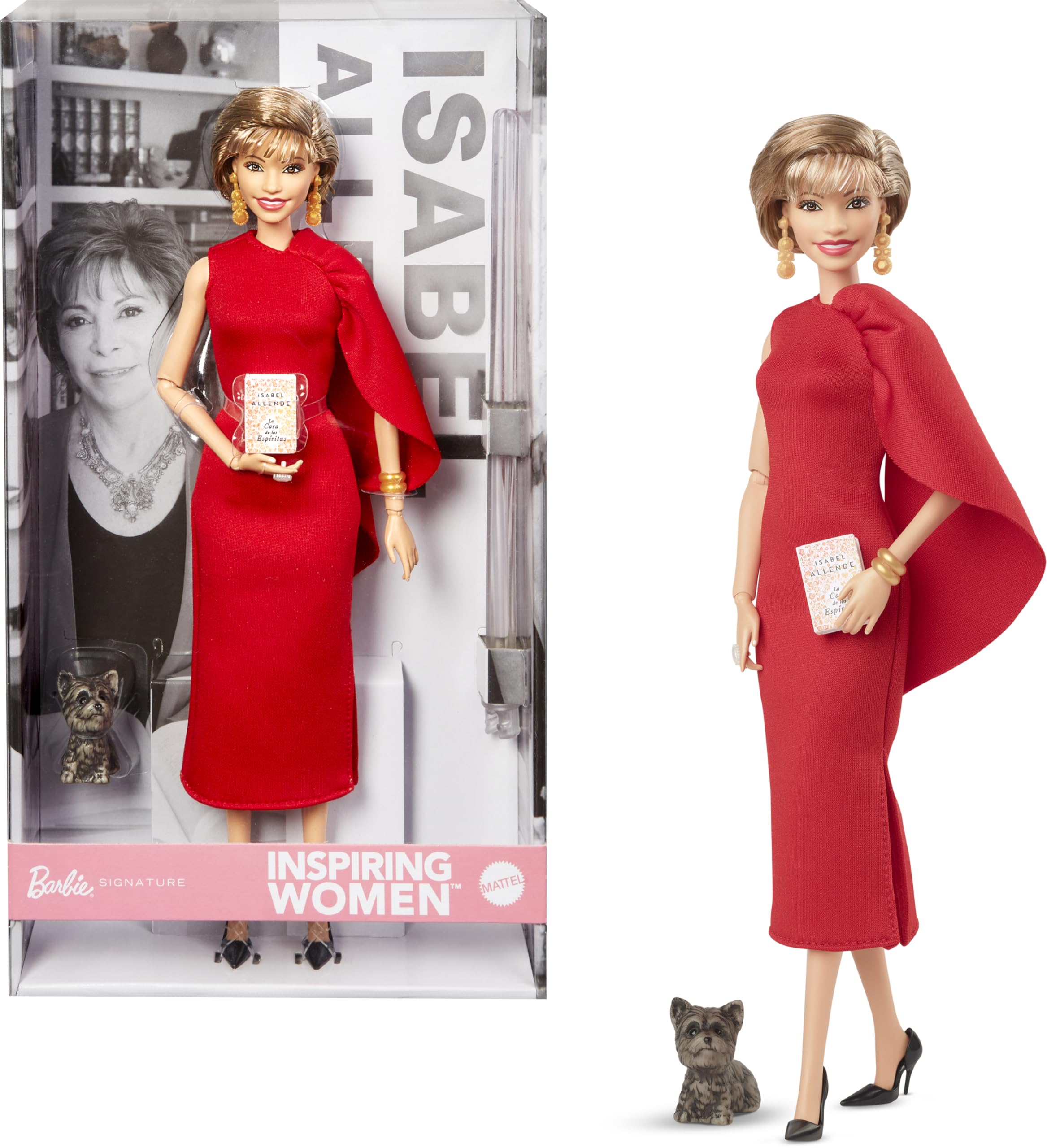 Barbie Isabel Allende doll in red dress and cape, ideal for display and gifting.