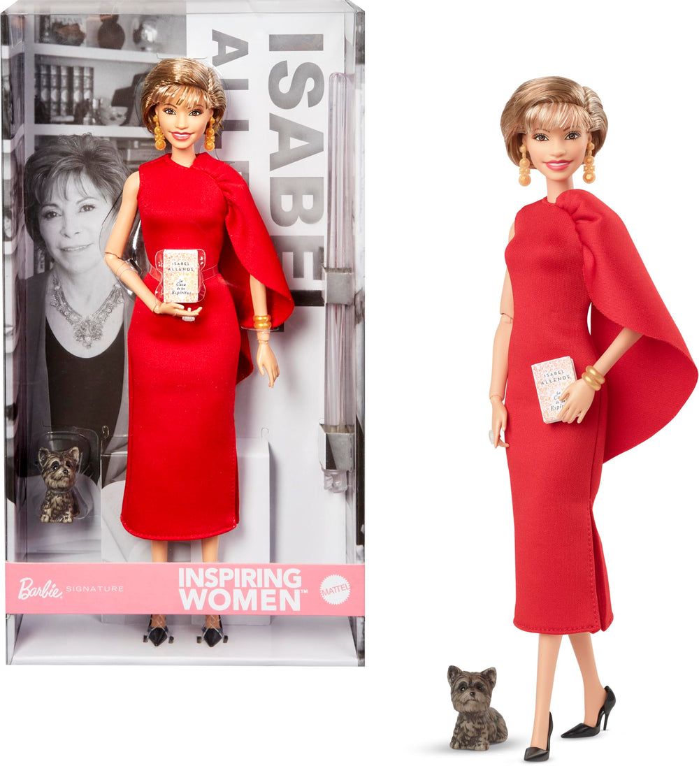 Barbie Isabel Allende doll in red dress and cape, ideal for display and gifting.