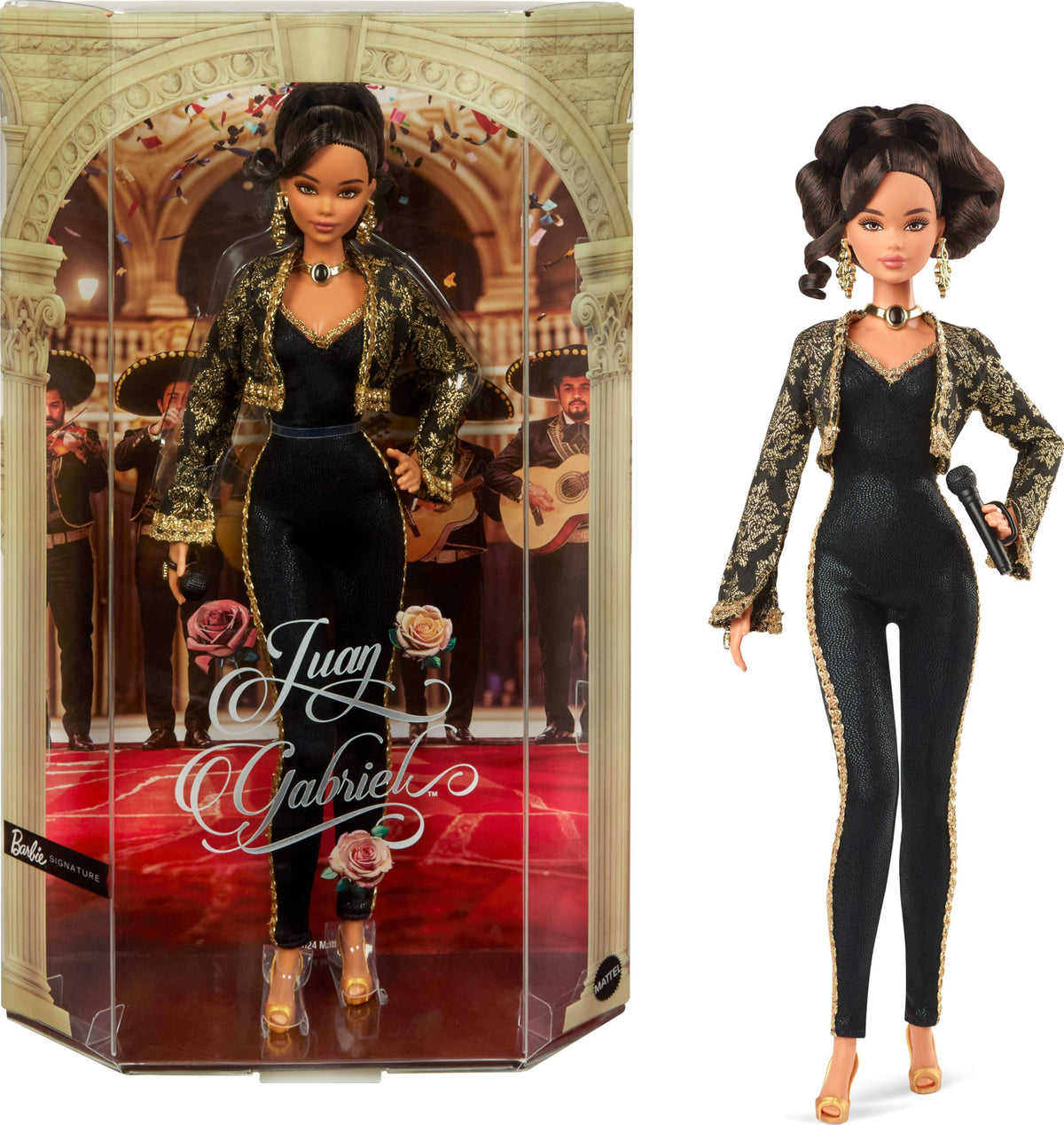 Barbie Juan Gabriel doll in black and gold bolero jacket, ideal for collectors' display.