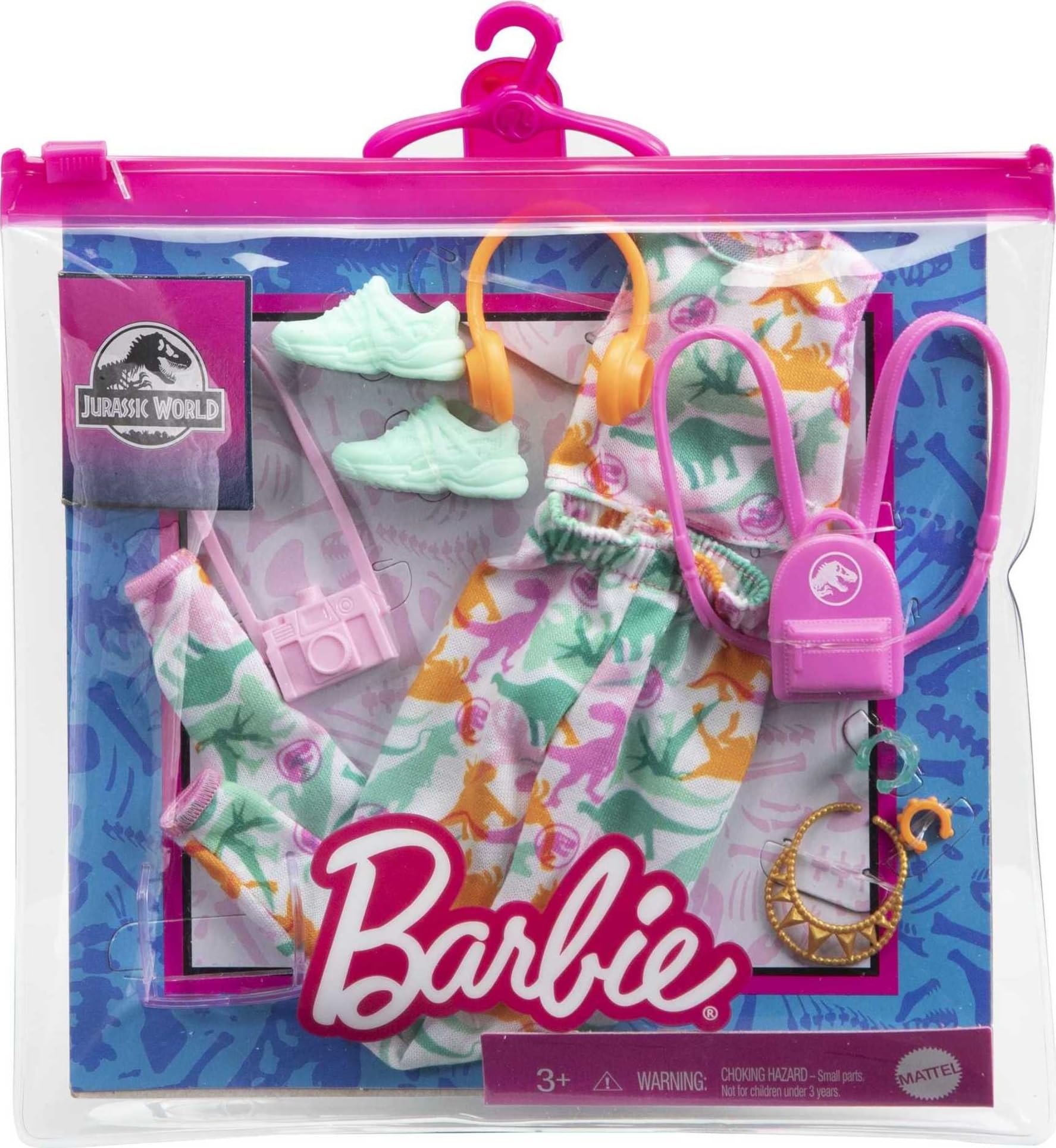 Barbie Jurassic World accessories including backpack and necklace for complete storytelling.