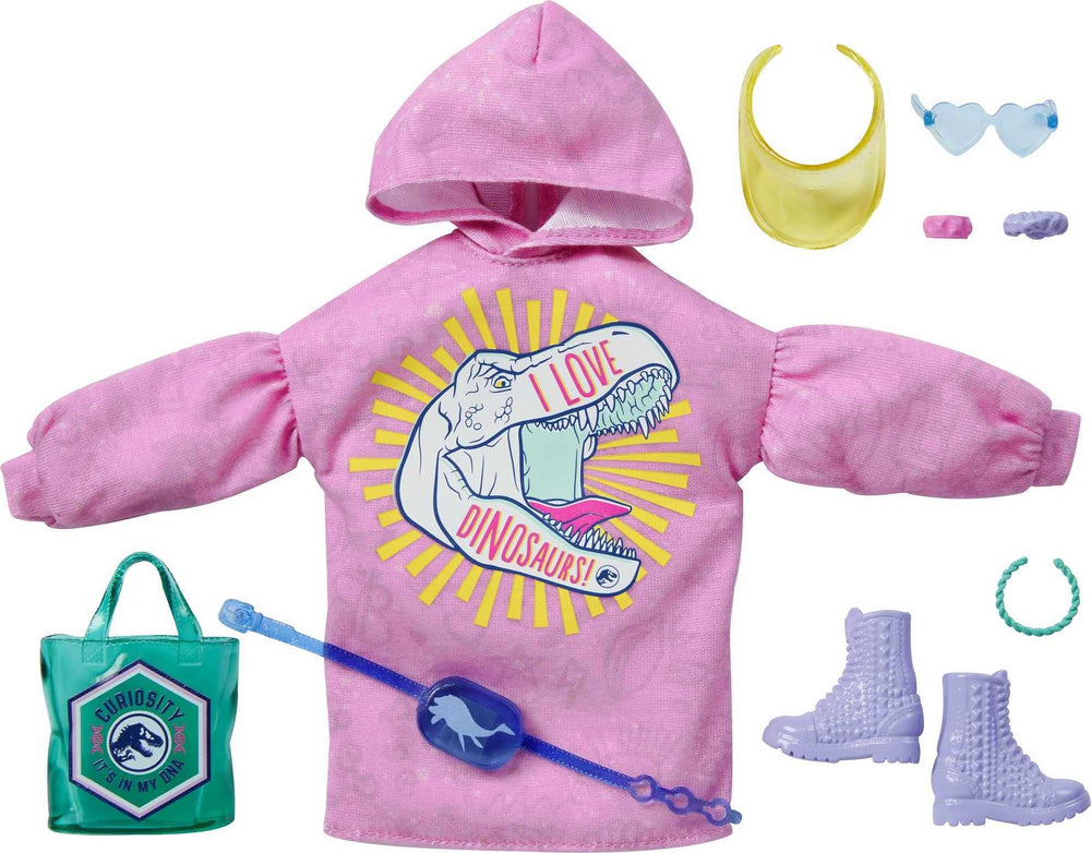 Barbie Jurassic World fashion pack sweatshirt dress with dinosaur graphic for imaginative play.