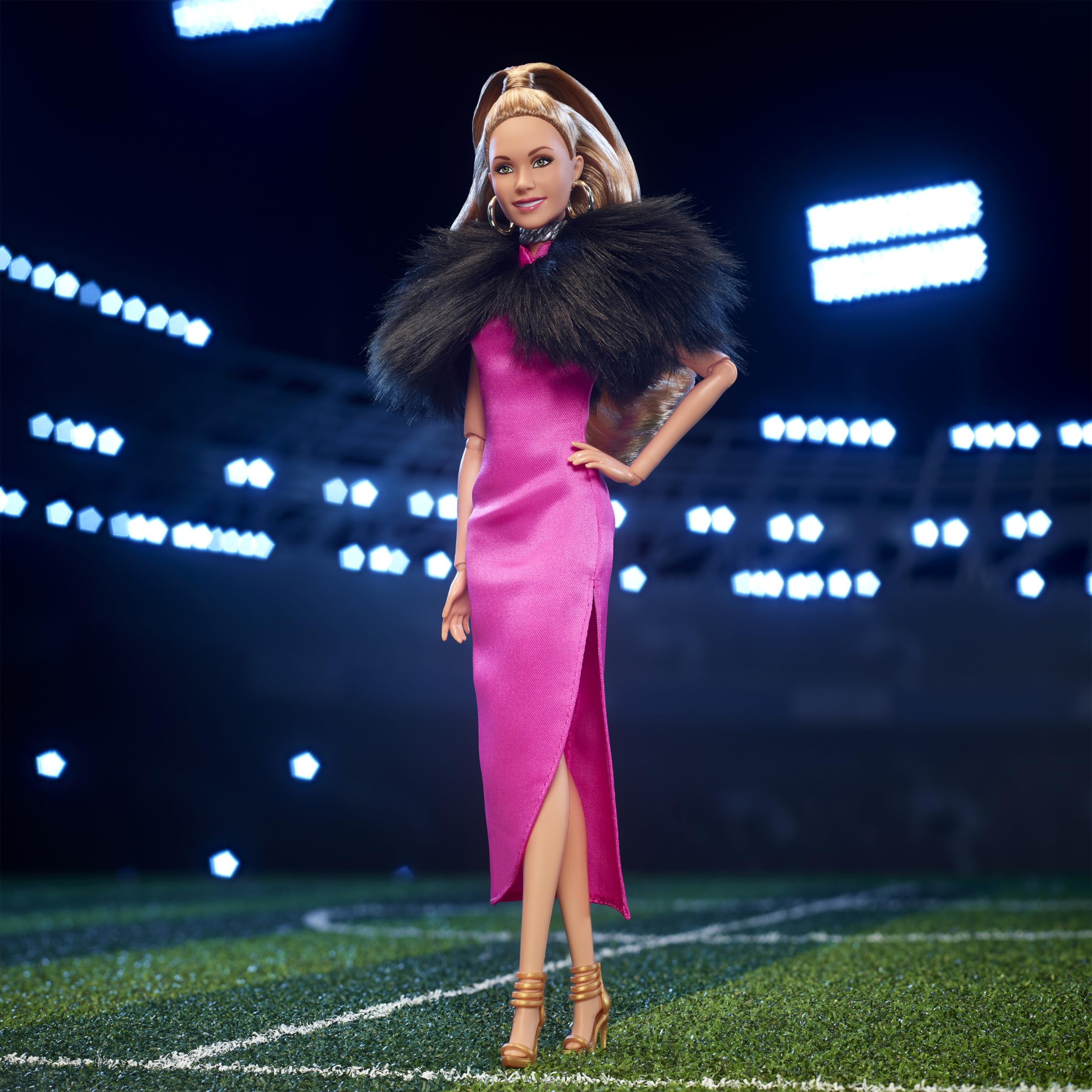 Barbie Keeley with faux fur shawl adds luxurious display detail.
