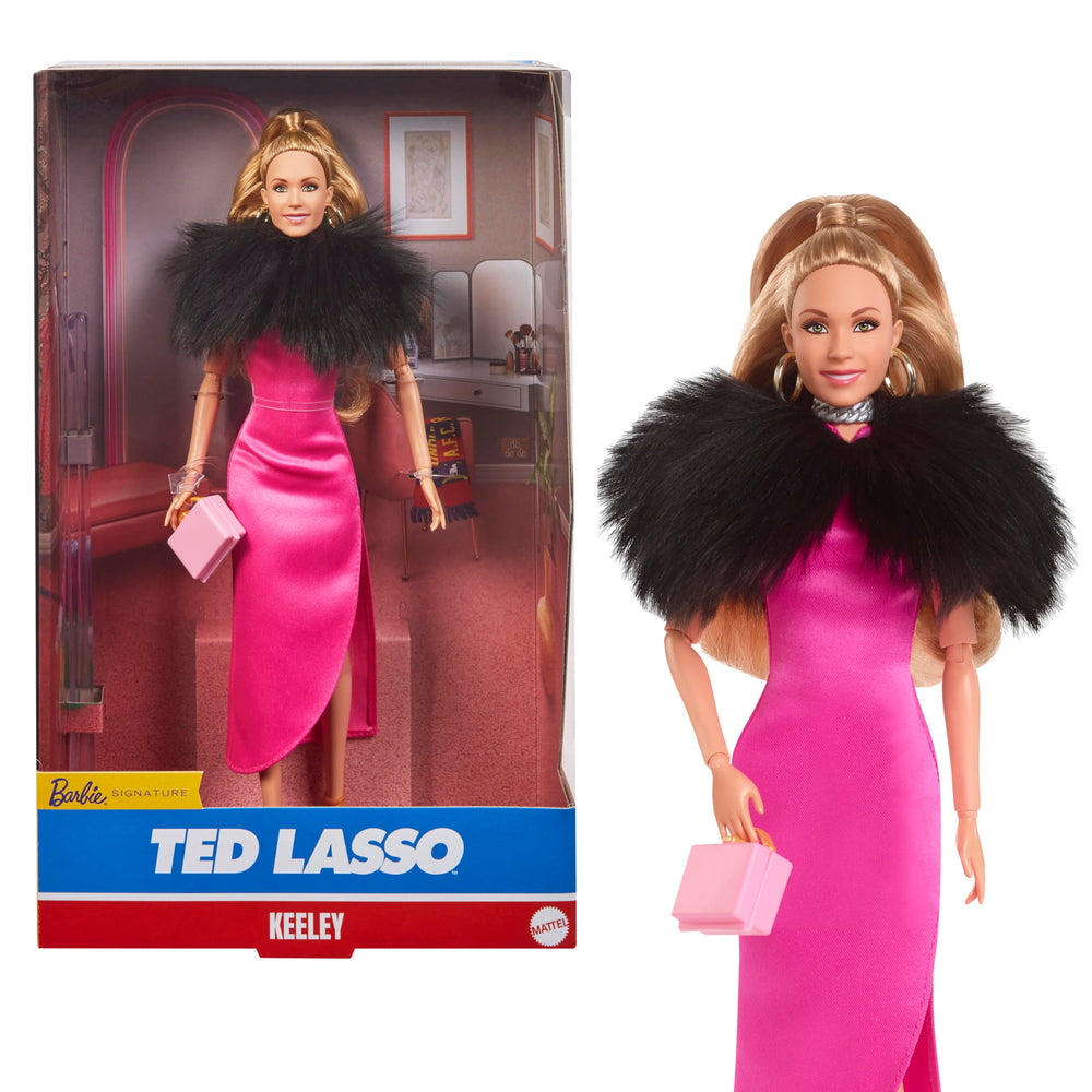 Barbie Keeley from Ted Lasso wearing pink dress, perfect for display and fan collection.