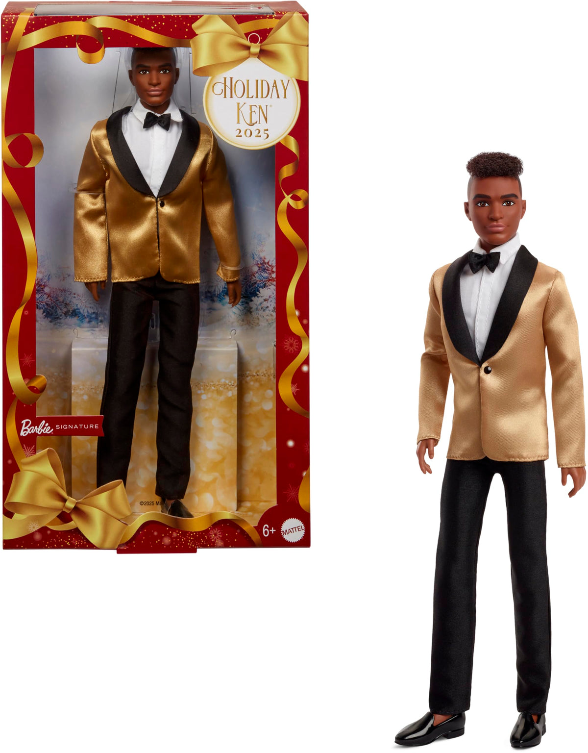 Barbie Ken 2025 Holiday full suit packaging shows collectible display ready appeal.