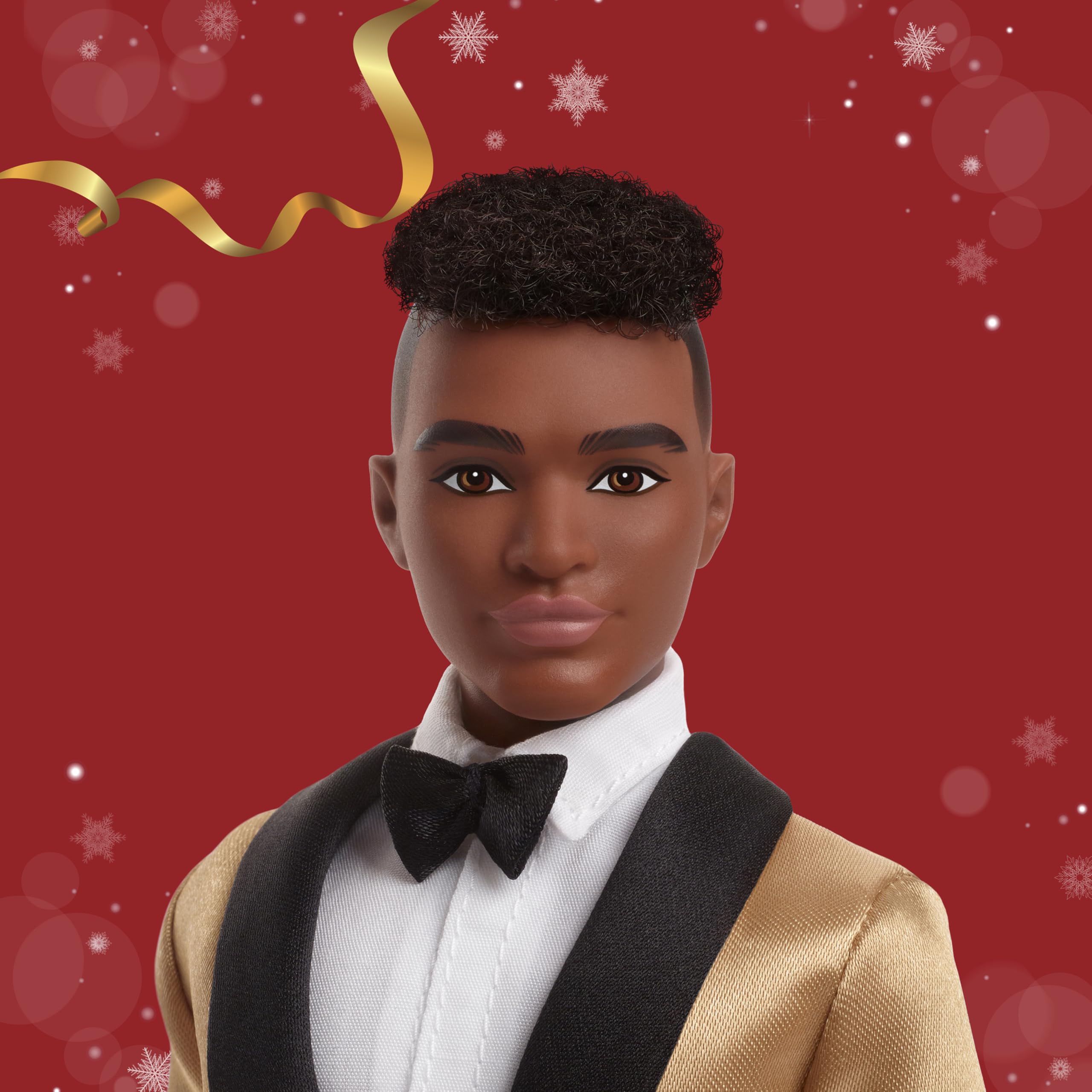 Barbie Ken 2025 Holiday golden satin jacket detail highlights luxe holiday style.
