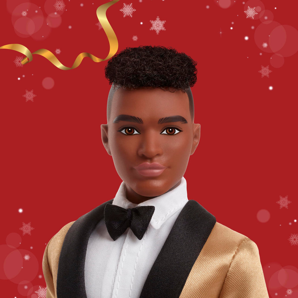Barbie Ken 2025 Holiday golden satin jacket detail highlights luxe holiday style.