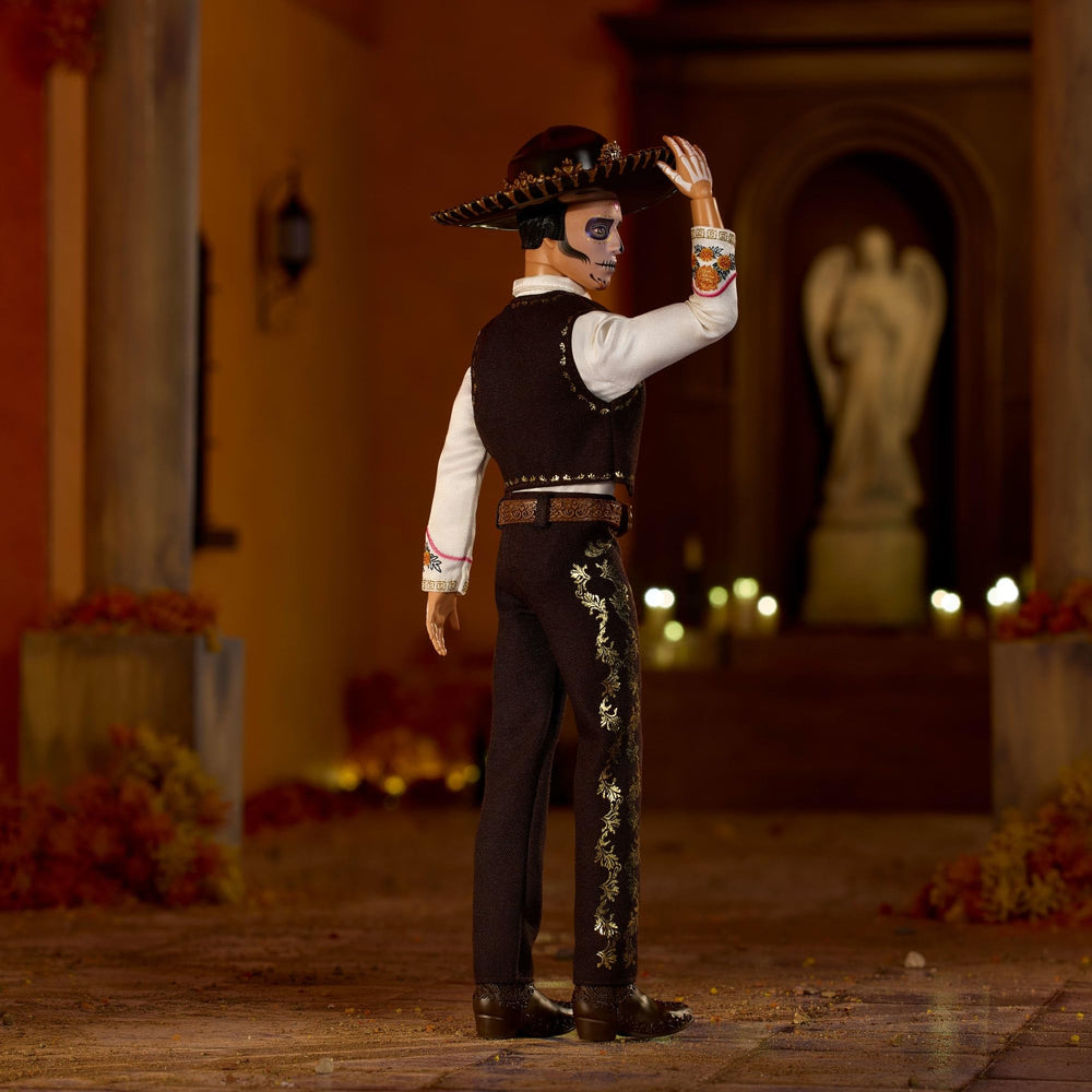 Barbie Ken Día de Muertos 2025 metallic gold trim on vest and pants