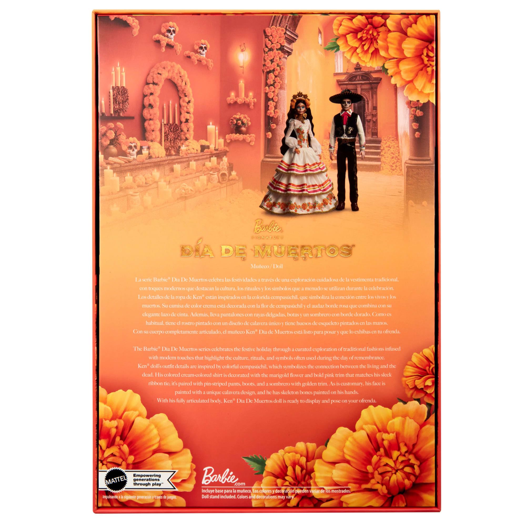 Barbie Ken Día de Muertos 2025 packaging features marigold design
