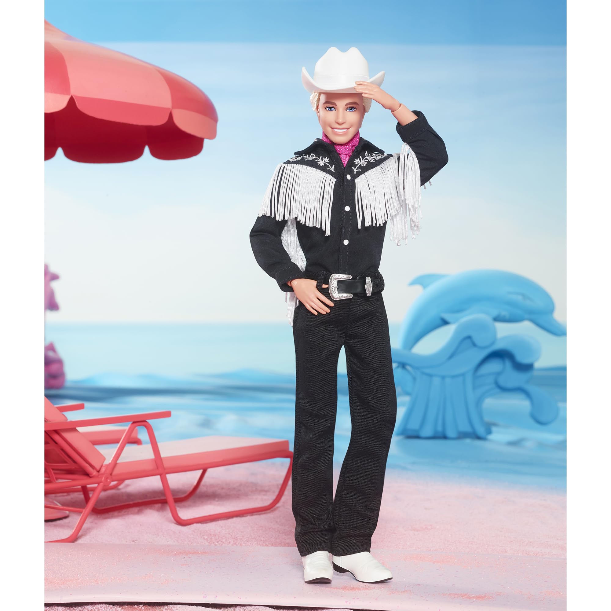 Barbie Ken black and white western outfit evokes classic film-inspired style.