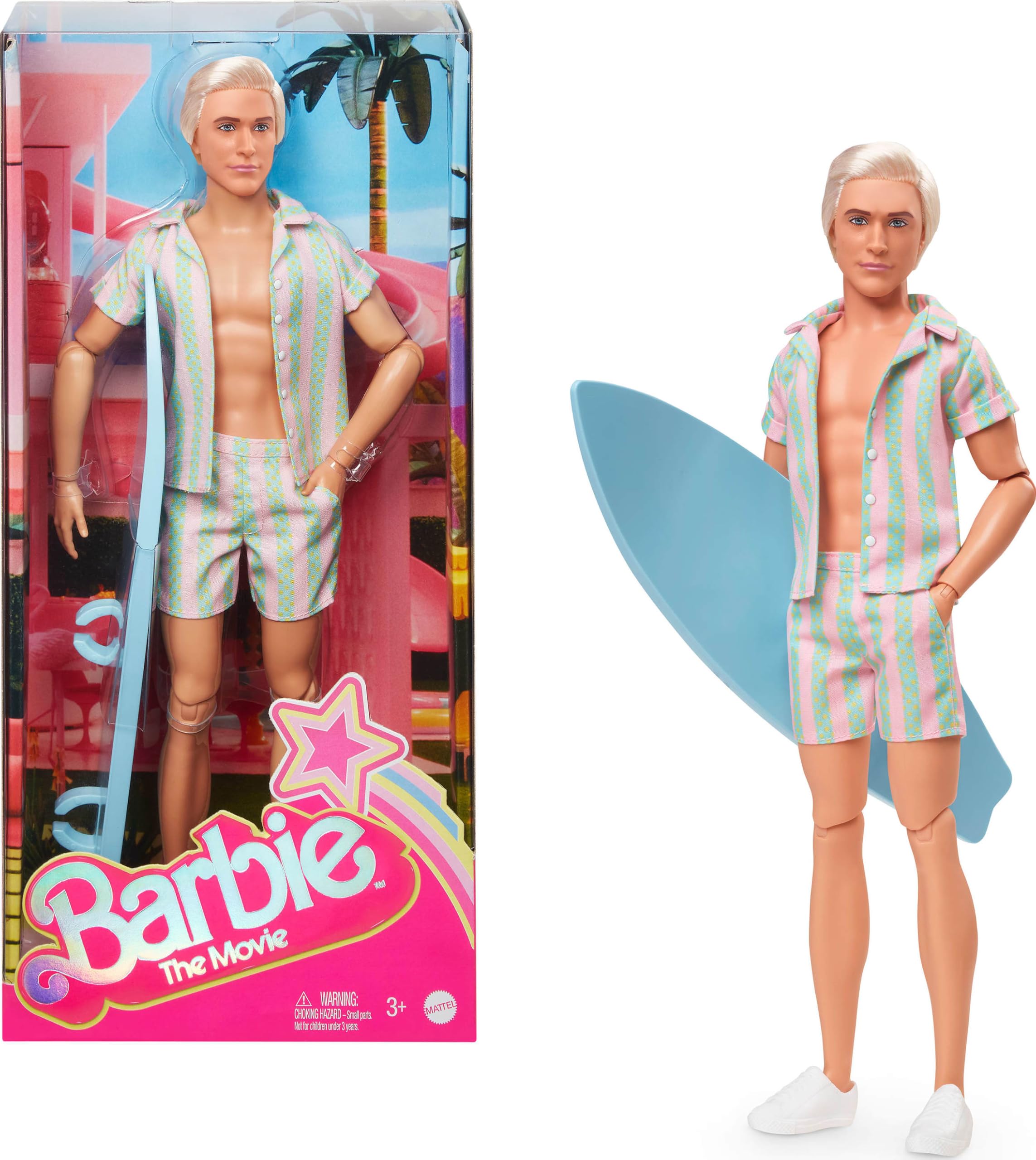 Barbie Ken doll in pastel pink and mint green stripes, ideal for display and gifting.