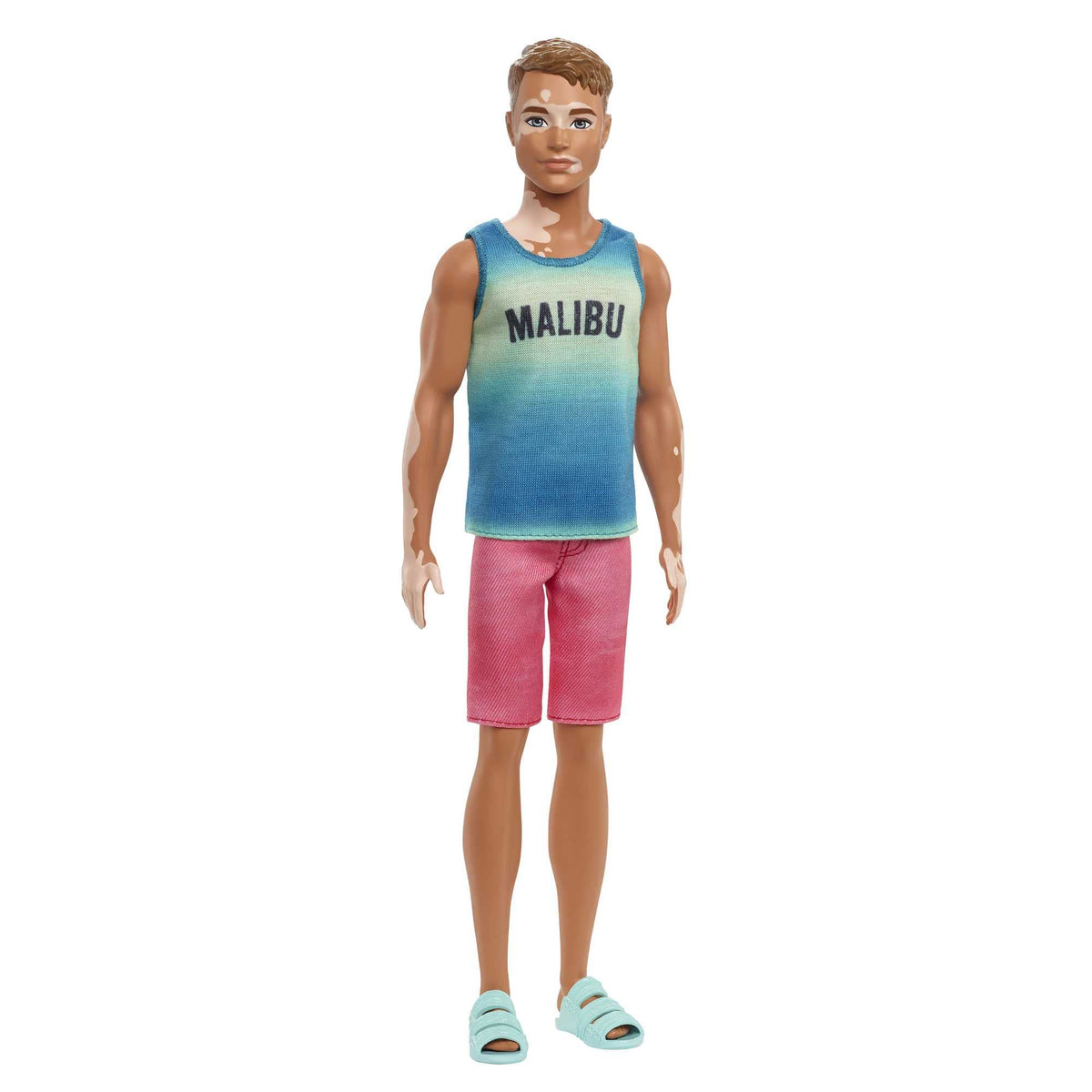 Barbie Ken Fashionistas 192 with brunette cropped hair and vitiligo for diverse storytelling.