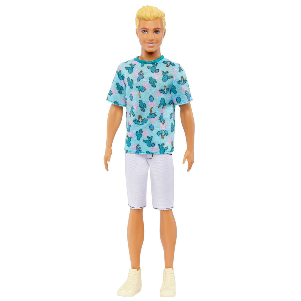 Barbie Ken Fashionistas 211 with blonde hair wearing a blue cactus tee for imaginative play.
