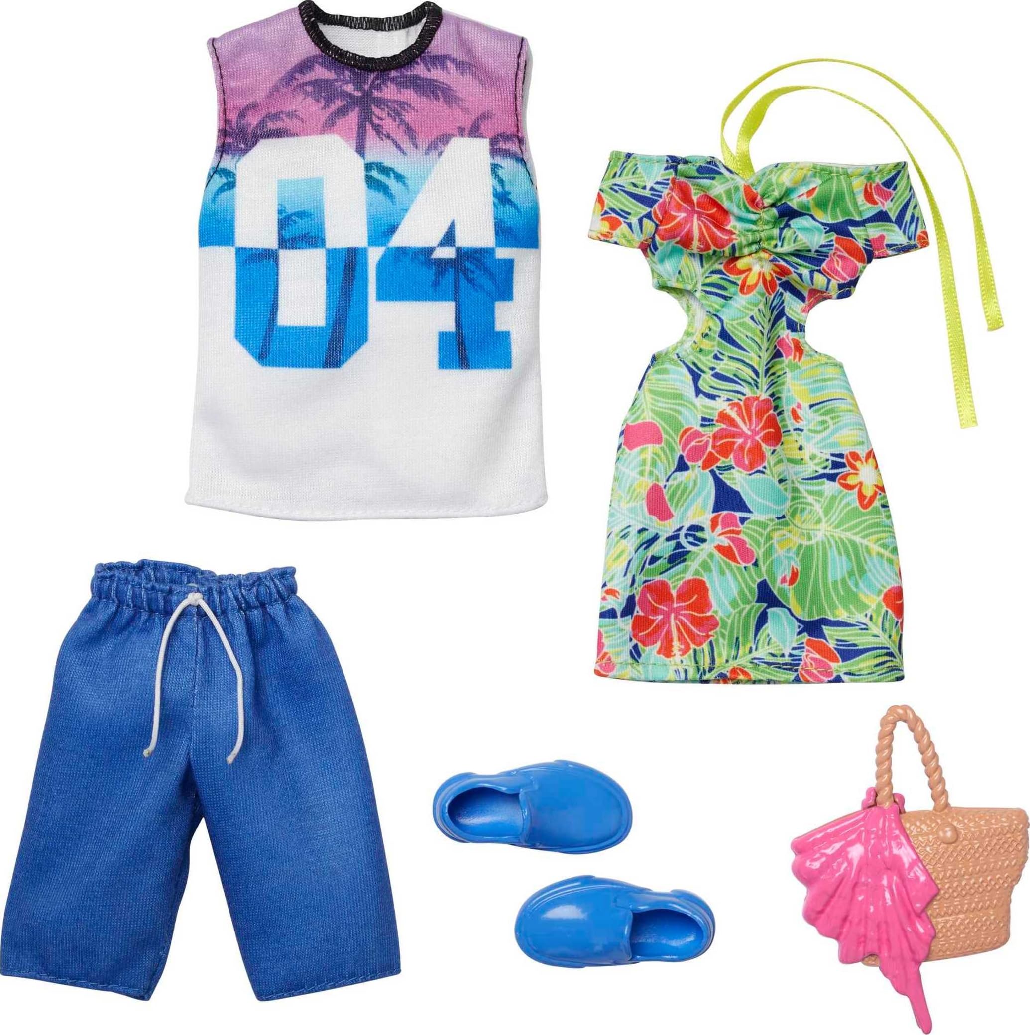 Barbie tropical dress and straw tote for Barbie, ideal for sunny, imaginative play.