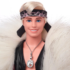 Close-up of the faux fur coat silhouette on Barbie The Movie Ken.