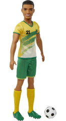 Barbie Ken soccer doll wearing green shorts supports sporty, action-packed adventures.