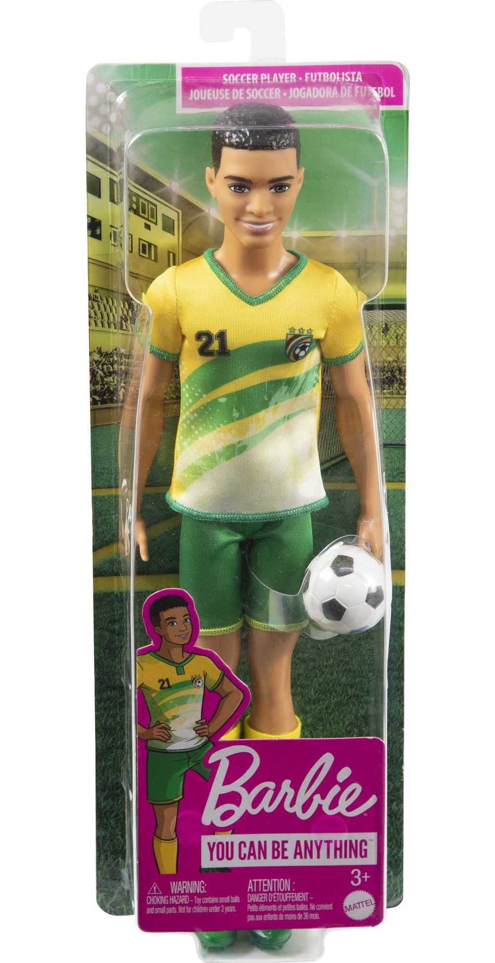 Barbie Ken soccer doll with short cropped hair has a modern look.