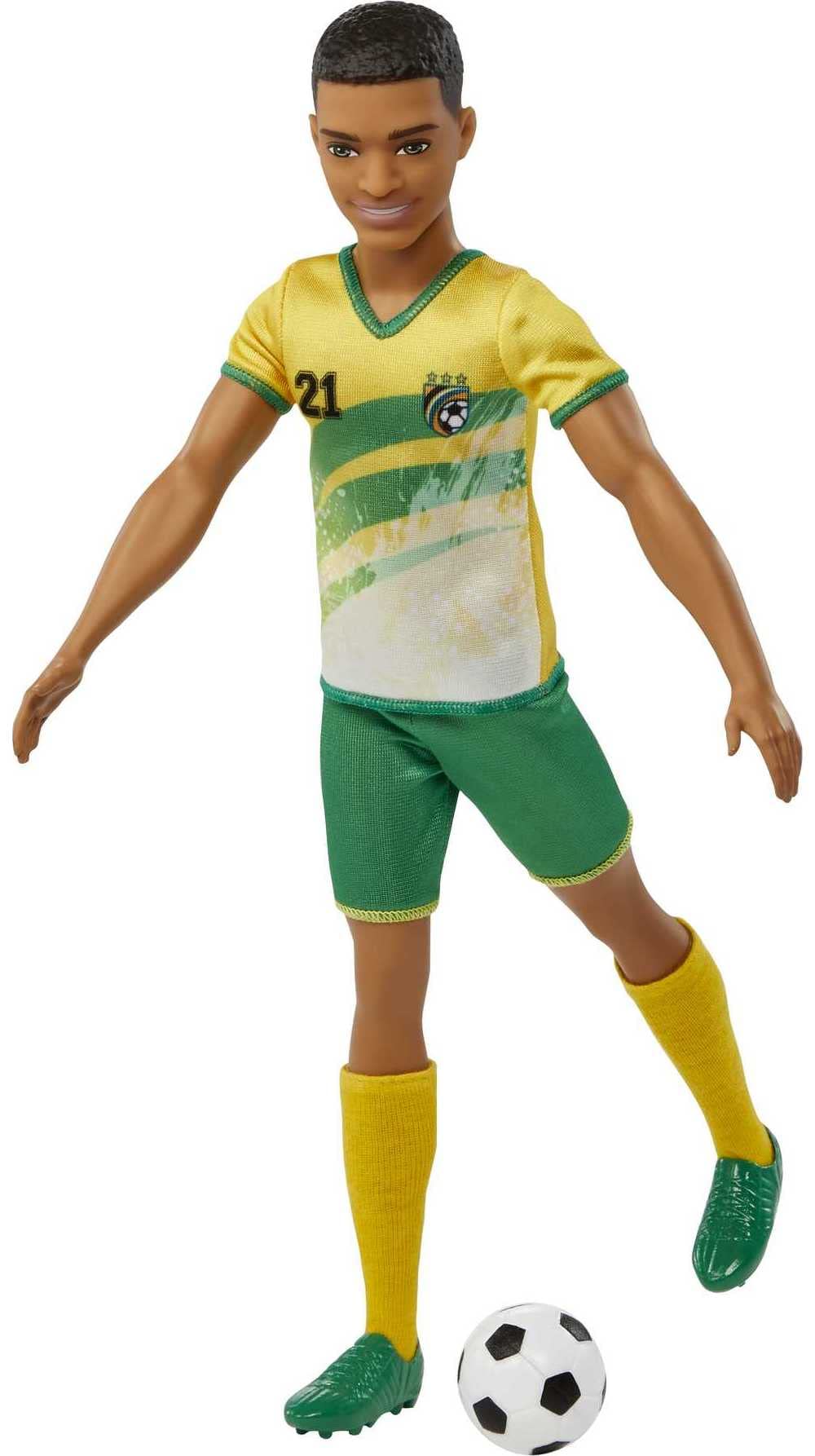 Barbie Ken soccer doll features tall yellow socks for a complete athletic look.