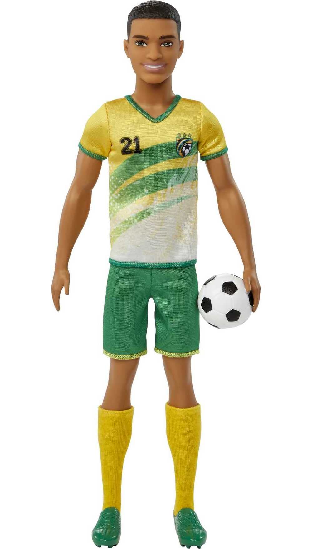 Barbie Ken soccer doll in yellow shirt with green stripe and 21 for imaginative play.