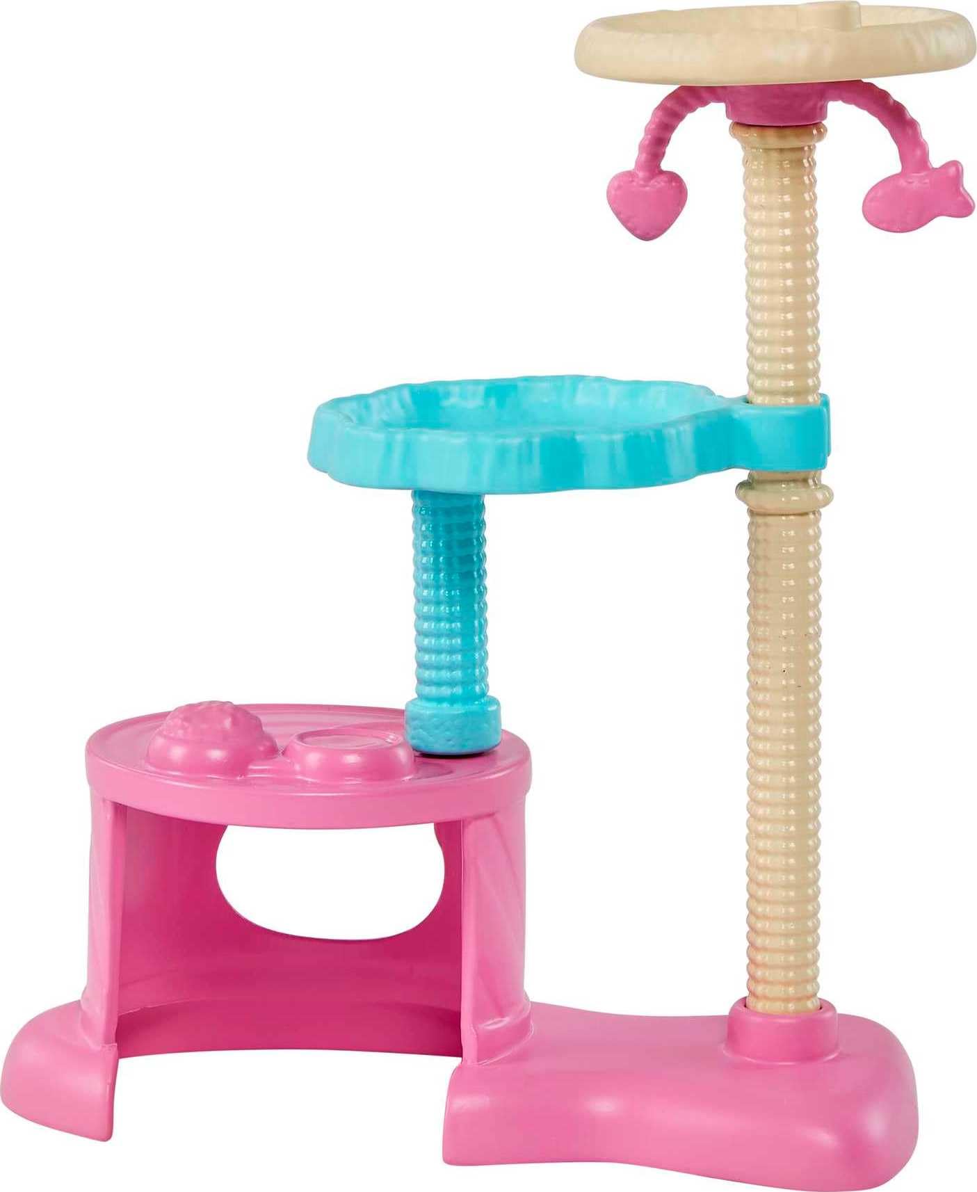 Barbie Kitty Condo nurturing accessories include bottle, brush and yarn for care play.