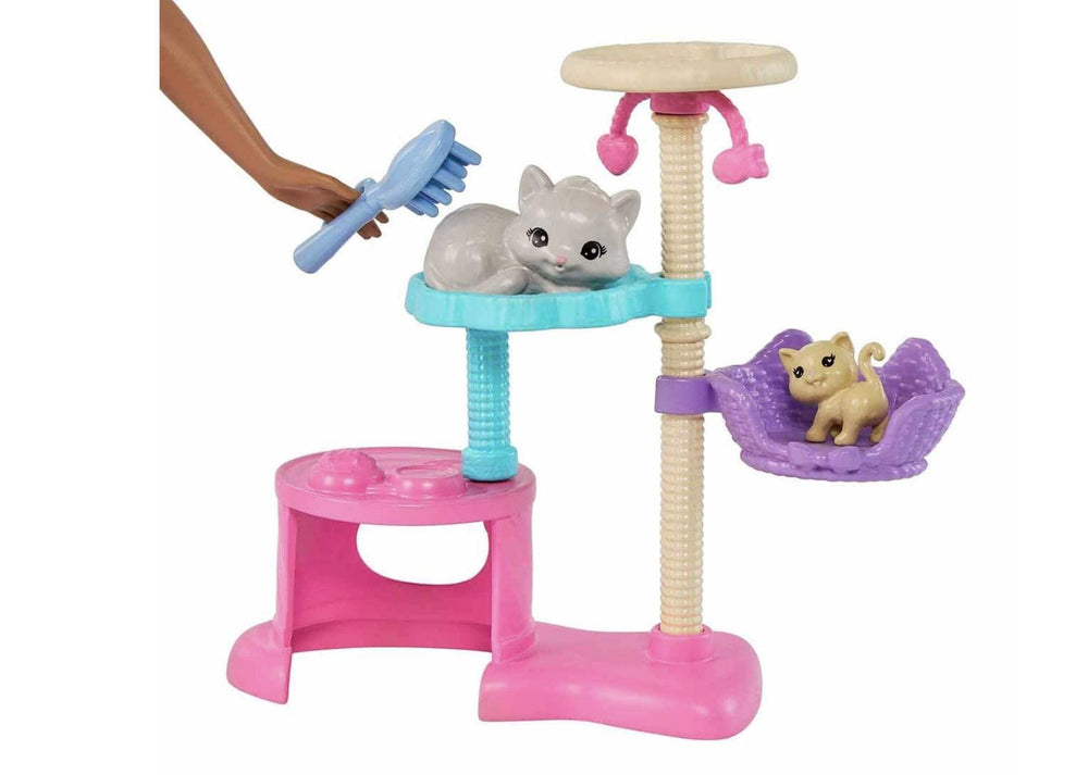 Barbie Kitty Condo moving basket doubles as a cozy pet bed during play.