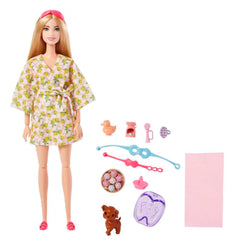 Barbie lemon-print bathrobe offers cozy spa style for pretend pampering.