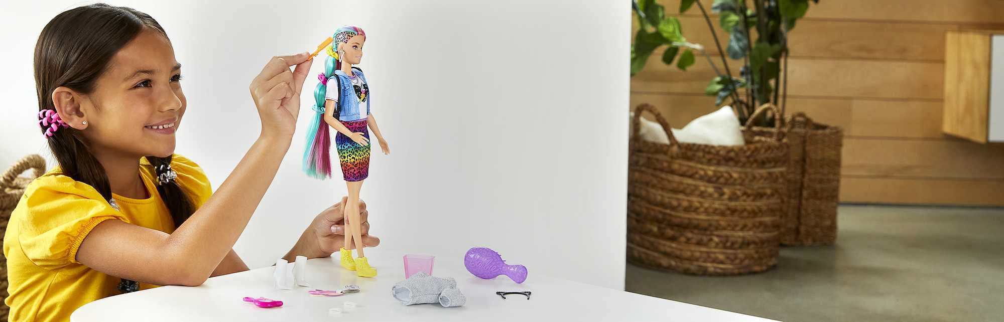 Barbie Leopard Rainbow Hair color-change reveals leopard print using cold water.