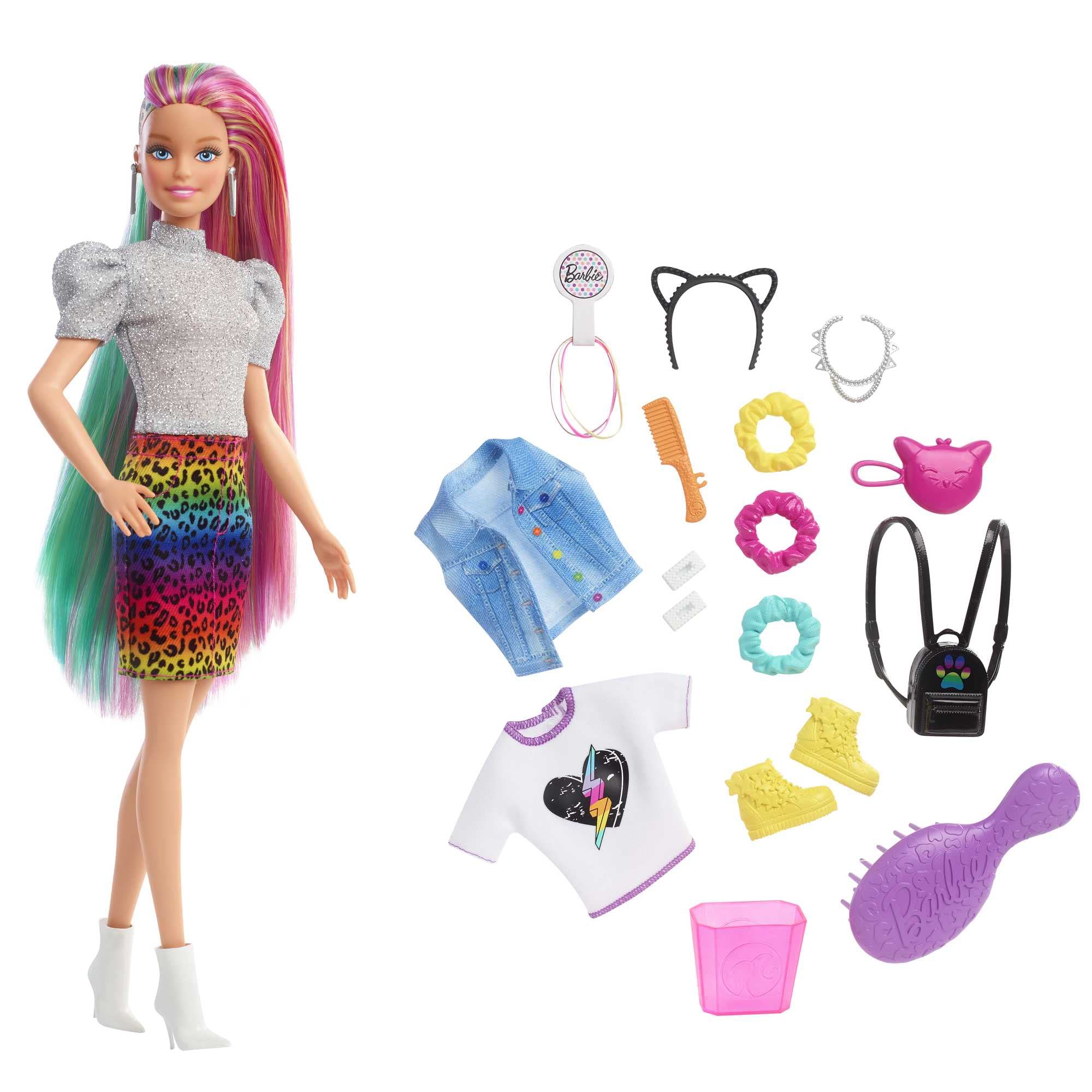 Barbie Leopard Rainbow Hair doll with vivid rainbow hair for creative styling play.