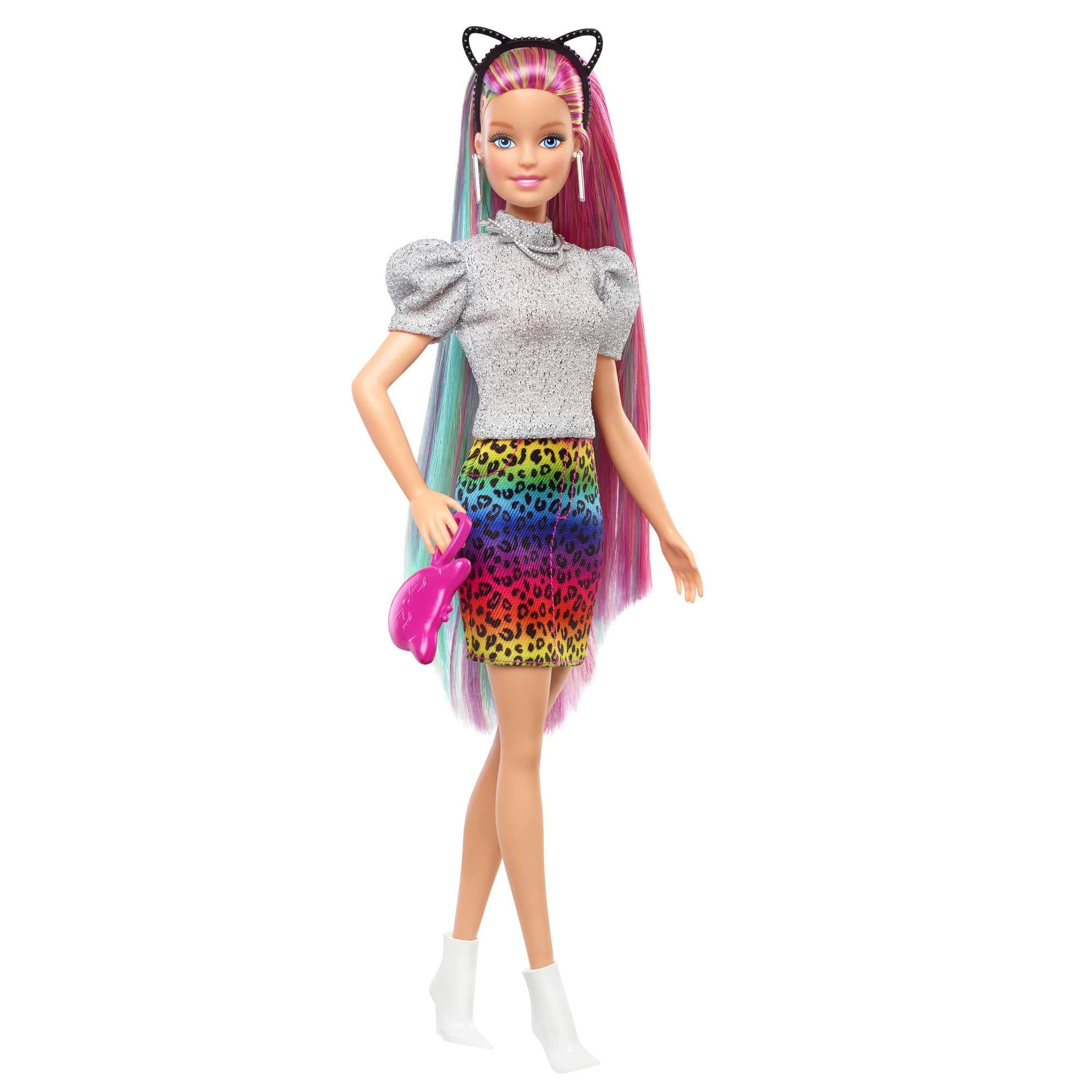 Barbie Leopard Rainbow Hair heart T-shirt and jean vest for mixed looks.